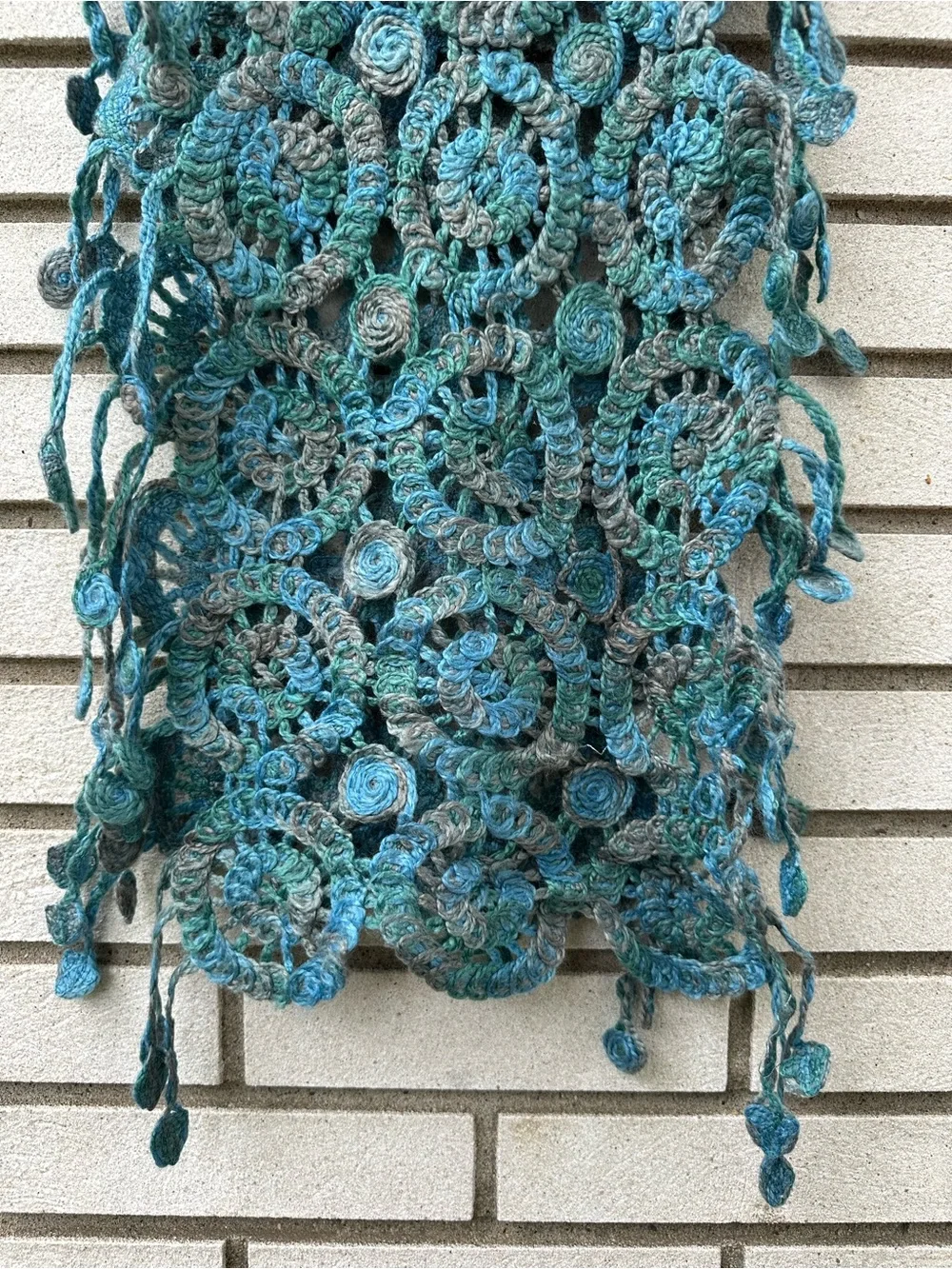 Hand Crochet Textured Spiral Fringe Scarf Wrap Ocean Blue Boho Art Whimsigoth
